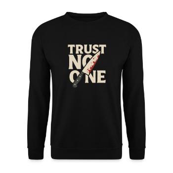 Trust No One – True Crime Fan Shirt mit Messer - Unisex Pullover - Schwarz - Vorne - Alina (178cm) & Michal (187cm)