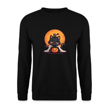Halloween Katze mit Halloween Kürbis - Unisex Pullover - Schwarz - Vorne - Alina (178cm) & Michal (187cm)