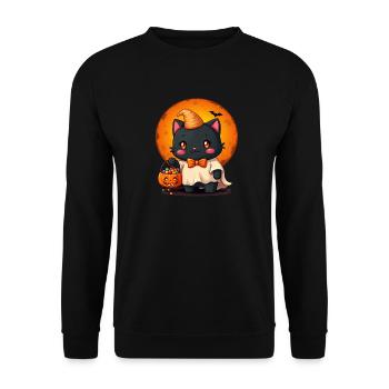 Halloween Katze mit Halloween Kürbis - Unisex Pullover - Schwarz - Vorne - Alina (178cm) & Michal (187cm)