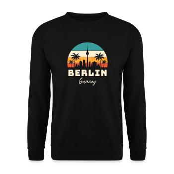 Berlin Deutschland – Retro Skyline im Sunset-Look - Unisex Pullover - Schwarz - Vorne - Alina (178cm) & Michal (187cm)