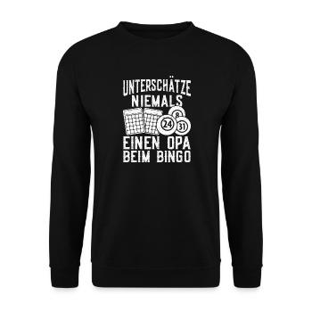 Bingo Player Unterschätze Niemals Einen Opa Bingo - Unisex Pullover - Schwarz - Vorne - Alina (178cm) & Michal (187cm)