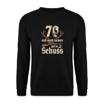 Jäger 70. Geburtstag Jagd 70 Jahre gut in Schuss - Unisex Pullover - Schwarz - Vorne - Alina (178cm) & Michal (187cm)