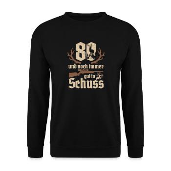 Jäger 80. Geburtstag Jagd 80 Jahre gut in Schuss - Unisex Pullover - Schwarz - Vorne - Alina (178cm) & Michal (187cm)