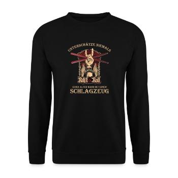 Unterschätze NIEMALS Schlagzeuger Drummer Geschenk - Unisex Pullover - Schwarz - Vorne - Alina (178cm) & Michal (187cm)