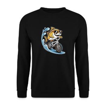 Fisch auf Fahrrad mit Sonnenbrille - Unisex Pullover - Schwarz - Vorne - Alina (178cm) & Michal (187cm)