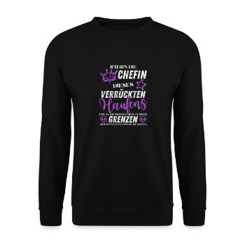 Chefin Chaos Crew – Frauenpower Sprüche - Unisex Pullover - Schwarz - Vorne - Alina (178cm) & Michal (187cm)