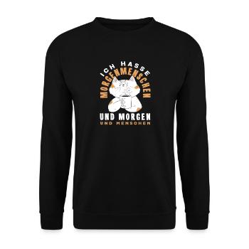 Ich hasse Morgenmenschen Kaffee Katze - Unisex Pullover - Schwarz - Vorne - Alina (178cm) & Michal (187cm)