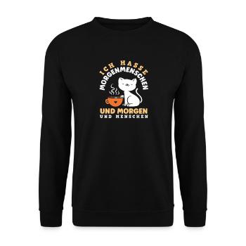 Ich hasse Morgenmenschen Kaffee Katze - Unisex Pullover - Schwarz - Vorne - Alina (178cm) & Michal (187cm)