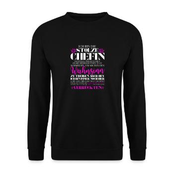 Chefin des verrückten Haufens - Witzig Büro Spruch - Unisex Pullover - Schwarz - Vorne - Alina (178cm) & Michal (187cm)