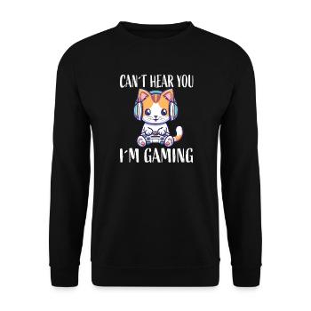 Kätzchen mit Headset beim Gaming - Unisex Pullover - Schwarz - Vorne - Alina (178cm) & Michal (187cm)