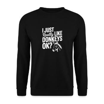 Ich mag Esel einfach wirklich sehr, okay? - Unisex Pullover - Schwarz - Vorne - Alina (178cm) & Michal (187cm)