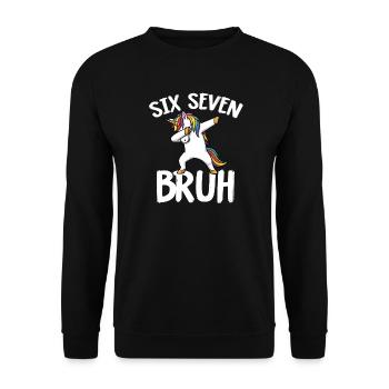 Sechs Sieben-Einhorn mit Regenbogen abtupfen - Unisex Pullover - Schwarz - Vorne - Alina (178cm) & Michal (187cm)