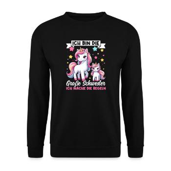 Große Schwester Einhornliebhaber Ältere Baby - Unisex Pullover - Schwarz - Vorne - Alina (178cm) & Michal (187cm)