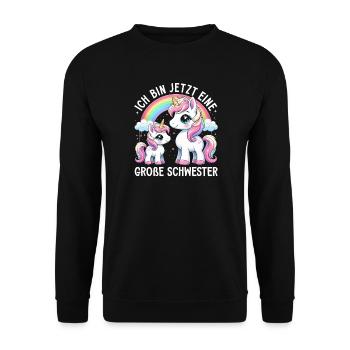 Große Schwester Einhornliebhaber Ältere Baby - Unisex Pullover - Schwarz - Vorne - Alina (178cm) & Michal (187cm)