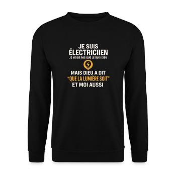 Beruf des Elektrikers, Lichtgottes, Humor - Unisex Pullover - Schwarz - Vorne - Alina (178cm) & Michal (187cm)