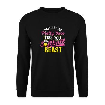 Lass dich vom hübschen Gesicht nicht täuschen, Softball-Biest - Unisex Pullover - Schwarz - Vorne - Alina (178cm) & Michal (187cm)