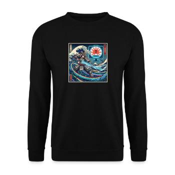 Cyber Samurai 模式 in front of waves and Fuji - Unisex Sweatshirt - black - Front - Alina (178cm) & Michal (187cm)