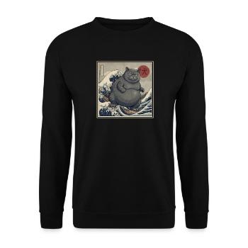 Japanische Kaiju Katze 犬 Große Welle Hokusai - Unisex Pullover - Schwarz - Vorne - Alina (178cm) & Michal (187cm)