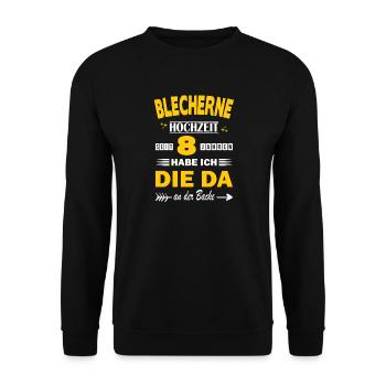 Blechhochzeit 8 Hochzeitstag Jahrestag Ehemann - Unisex Pullover - Schwarz - Vorne - Alina (178cm) & Michal (187cm)
