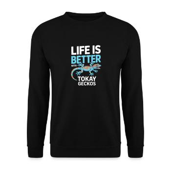 Das Leben ist besser mit Tokay-Geckos - Unisex Pullover - Schwarz - Vorne - Alina (178cm) & Michal (187cm)