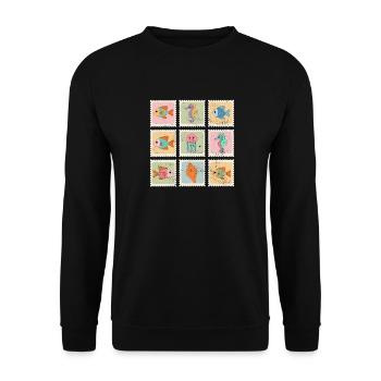 Tiere des Meeres Muster-Stempel - Unisex Pullover - Schwarz - Vorne - Alina (178cm) & Michal (187cm)