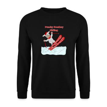 Punker Esel fährt Ski, Comicfigur, Rot, Weiß - Unisex Pullover - Schwarz - Vorne - Alina (178cm) & Michal (187cm)