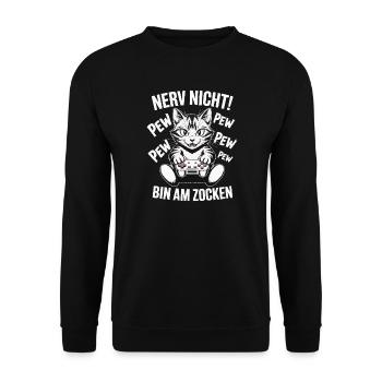 Nerv nicht bin am Zocken Gamer Katze Design - Unisex Pullover - Schwarz - Vorne - Alina (178cm) & Michal (187cm)