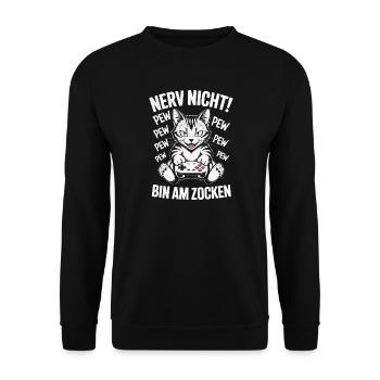 Nerv nicht bin am Zocken Gamer Katze Design - Unisex Pullover - Schwarz - Vorne - Alina (178cm) & Michal (187cm)