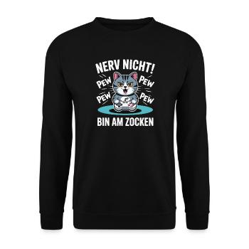 Nerv nicht bin am Zocken Gamer Katze Design - Unisex Pullover - Schwarz - Vorne - Alina (178cm) & Michal (187cm)
