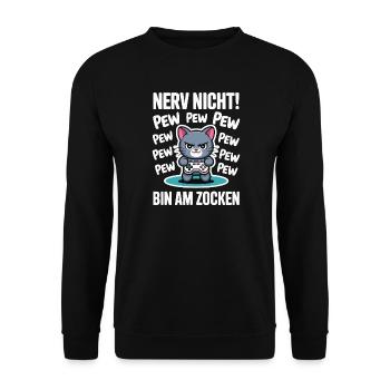 Nerv nicht bin am Zocken Gamer Katze Design - Unisex Pullover - Schwarz - Vorne - Alina (178cm) & Michal (187cm)