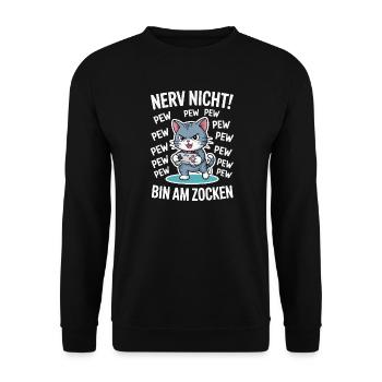 Nerv nicht bin am Zocken Gamer Katze Design - Unisex Pullover - Schwarz - Vorne - Alina (178cm) & Michal (187cm)