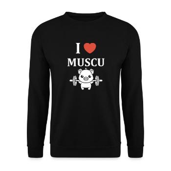 Ich liebe Muscu – ein starkes Schweine-Maskottchen - Unisex Pullover - Schwarz - Vorne - Alina (178cm) & Michal (187cm)