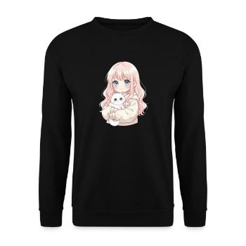Anime Mädchen Katze Japan Kawaii Katzenliebhaber - Unisex Pullover - Schwarz - Vorne - Alina (178cm) & Michal (187cm)