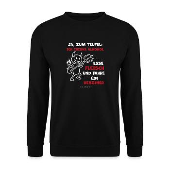 Teufelsspruch: Alkohol, Fleisch, Benziner - Unisex Pullover - Schwarz - Vorne - Alina (178cm) & Michal (187cm)