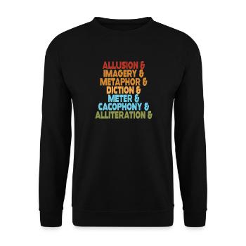 Literarische Mittel Typografie-Stack - Unisex Pullover - Schwarz - Vorne - Alina (178cm) & Michal (187cm)