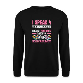 Sprich 4 Sprachen Lustiger Apotheker - Unisex Pullover - Schwarz - Vorne - Alina (178cm) & Michal (187cm)