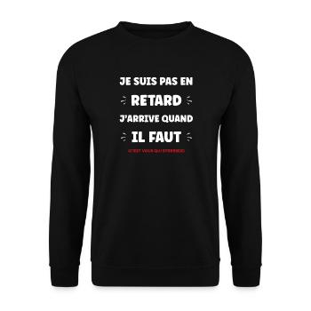 Nicht zu spät: Timing-Humor - Unisex Pullover - Schwarz - Vorne - Alina (178cm) & Michal (187cm)