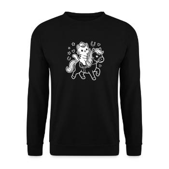 Kawaii Katze auf Pferd - Unisex Pullover - Schwarz - Vorne - Alina (178cm) & Michal (187cm)