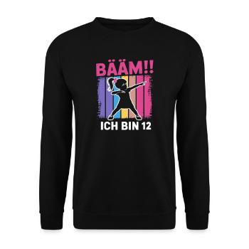 Bääm, j’ai 12 ans, fille qui fait le dab, 12e anniversaire - Sweat-shirt Unisexe - noir - Devant - Alina (178cm) & Michal (187cm)