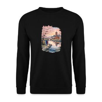 Traditioneller Japanischer Kirschblüten - Unisex Pullover - Schwarz - Vorne - Alina (178cm) & Michal (187cm)