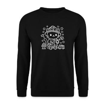 Kawaii Katze Feuerwehrmann - Unisex Pullover - Schwarz - Vorne - Alina (178cm) & Michal (187cm)