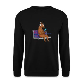 Pony mit Kopfhörern am Smartphone - Unisex Pullover - Schwarz - Vorne - Alina (178cm) & Michal (187cm)