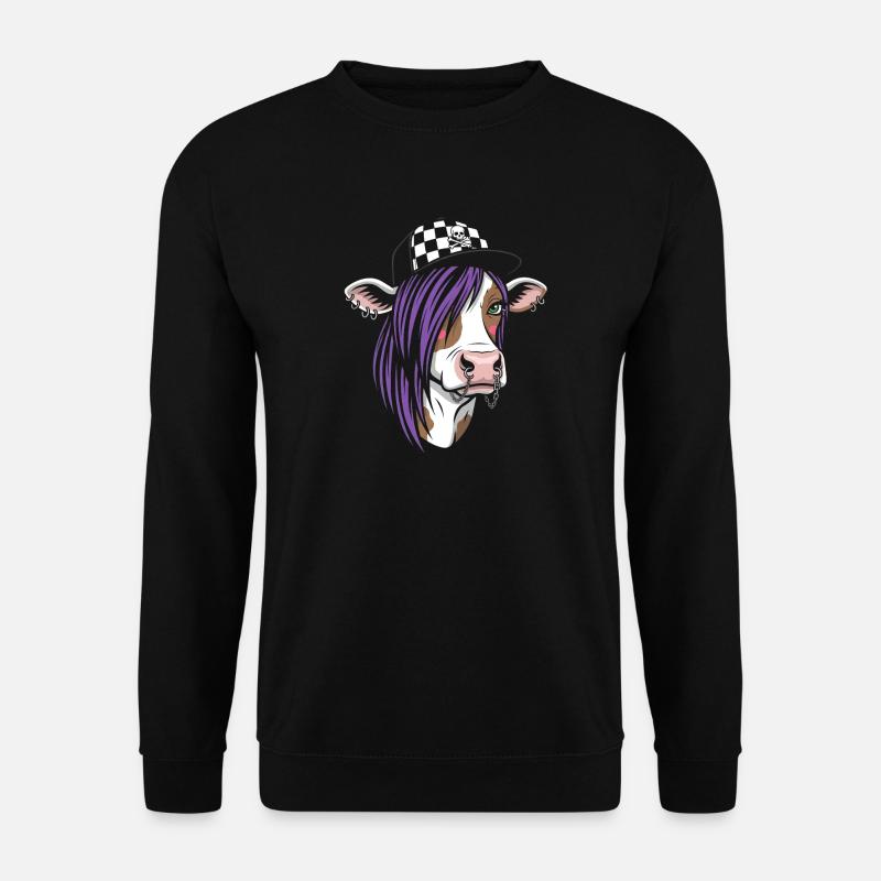 Punk-Kuh mit Lila Haar und Checkered Cap - Unisex Pullover - Schwarz