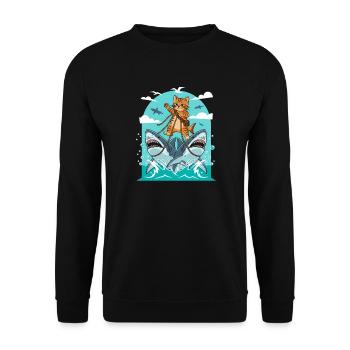 Kätzchen auf Haiabenteuer - Unisex Pullover - Schwarz - Vorne - Alina (178cm) & Michal (187cm)