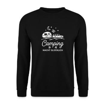 Camping macht glücklich – Wohnwagen & Outdoor Desi - Unisex Pullover - Schwarz - Vorne - Alina (178cm) & Michal (187cm)