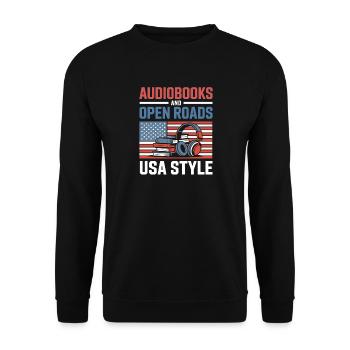 Road Trip USA Mit Hörbuch Lustiges Reise Motiv - Unisex Pullover - Schwarz - Vorne - Alina (178cm) & Michal (187cm)