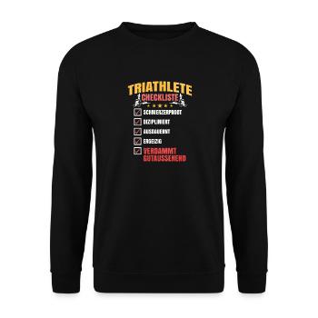 Triathlet Checkliste Motiv - Unisex Pullover - Schwarz - Vorne - Alina (178cm) & Michal (187cm)