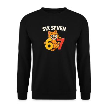 Six Seven Katze 67 Italian Brainrot Humor - Unisex Pullover - Schwarz - Vorne - Alina (178cm) & Michal (187cm)