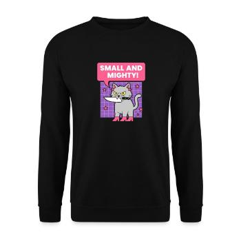 Kleines und Mächtiges Katzendesign - Unisex Pullover - Schwarz - Vorne - Alina (178cm) & Michal (187cm)