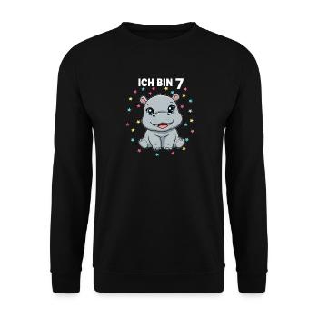 Ich bin 7 - Süßes Nilpferd zum 7. Geburtstag - Unisex Pullover - Schwarz - Vorne - Alina (178cm) & Michal (187cm)
